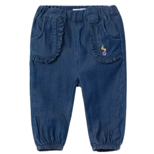 Namn mjuka baggy jeans med volanger/broderier - Bella - Dark Blue Denim